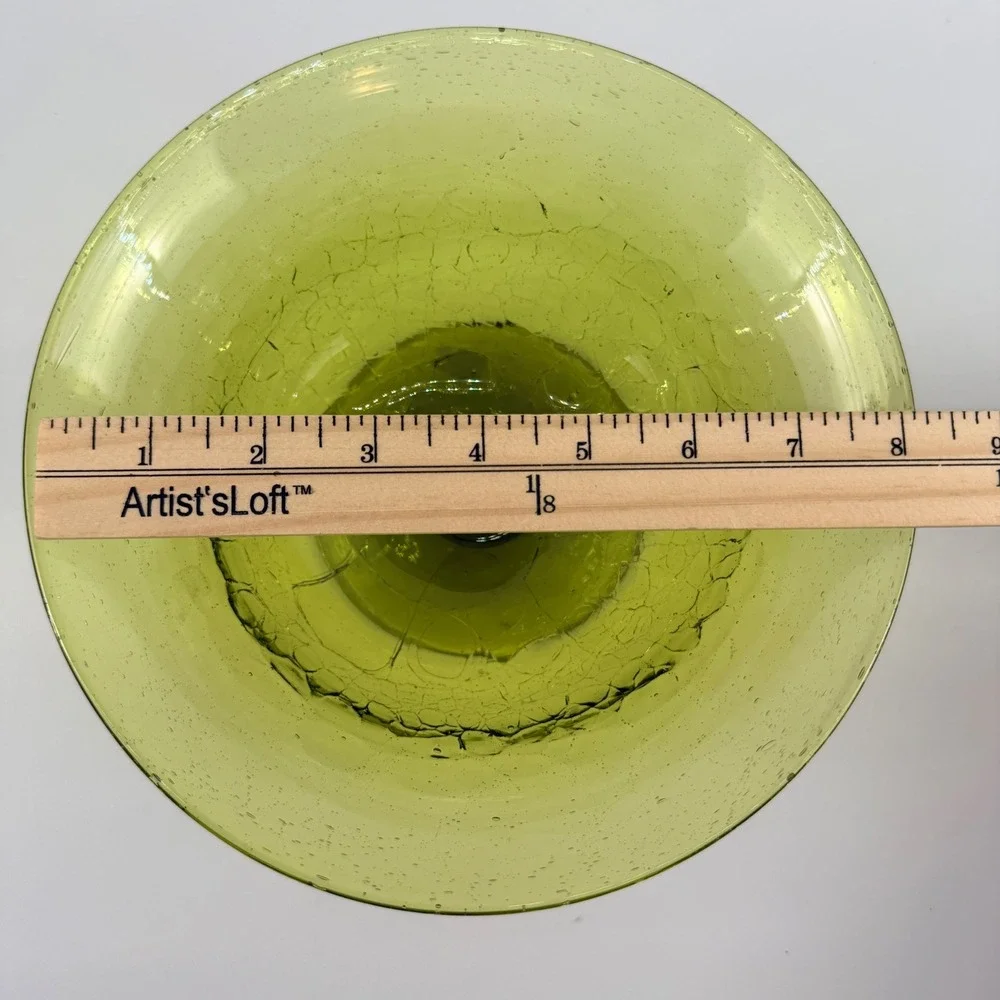 Blenko 931 Chartreuse Green Crackle Glass Footed Bowl Mid Century Modern MCM